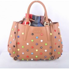 Голяма чанта с горна дръжка от кожа Fendi B Fab Apricot с многоцветни бижута