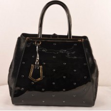 Голяма чанта Fendi 2jours от черна лачена кожа с конски косъм