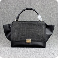 Celine Черна класическа кожена чанта с крокодилски мотив