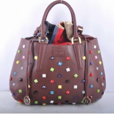 Голяма чанта с горна дръжка от кожа Fendi B Fab Coffee с многоцветни бижута