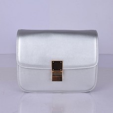 Чанта Celine Classic Box от телешка кожа с капак, сребриста