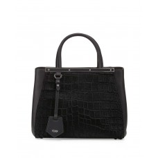 Чанта Fendi 2Jours Petite с релефна крокодилска кожа от телешка коса, черна Чанта Fendi 2Jours Petite с релефна крокодилска кожа от телешка коса, черна