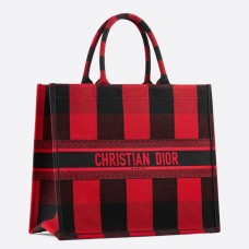 Чанта Dior Book Tote в червено/черно каре с бродиран плат
