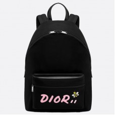 Dior X Kaws Черна найлонова раница с розово лого на Dior