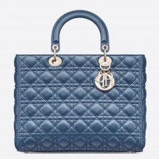 Голяма дамска чанта Dior от агнешка кожа в деним синьо Cannage