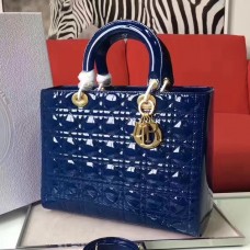 Голяма дамска чанта Dior от син лакирана кожа