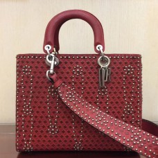 Голяма дамска чанта Dior от червена телешка кожа с шипове