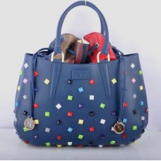 Голяма чанта с горна дръжка от кожа Fendi B Fab Blue с многоцветни бижута